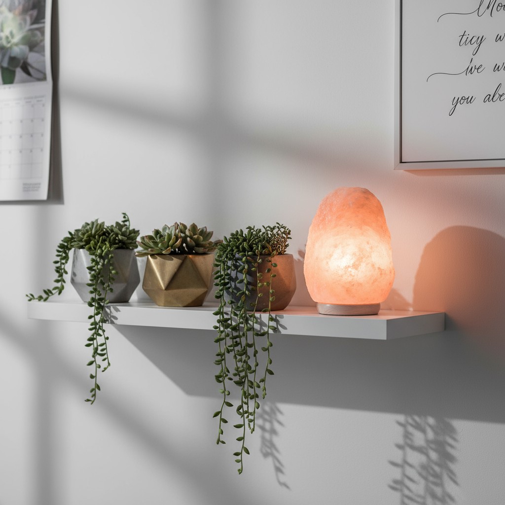 "Picture of a shelf with succulents and a lamp."